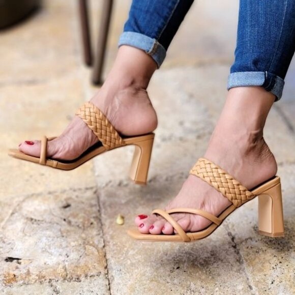 Shoes - Women's Natural Braided Chunky Block Heel‎ Slide Sandals